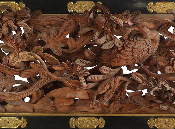 Ranma Suzaku, Antique Japanese Wood Carving Panel - YO23010130
