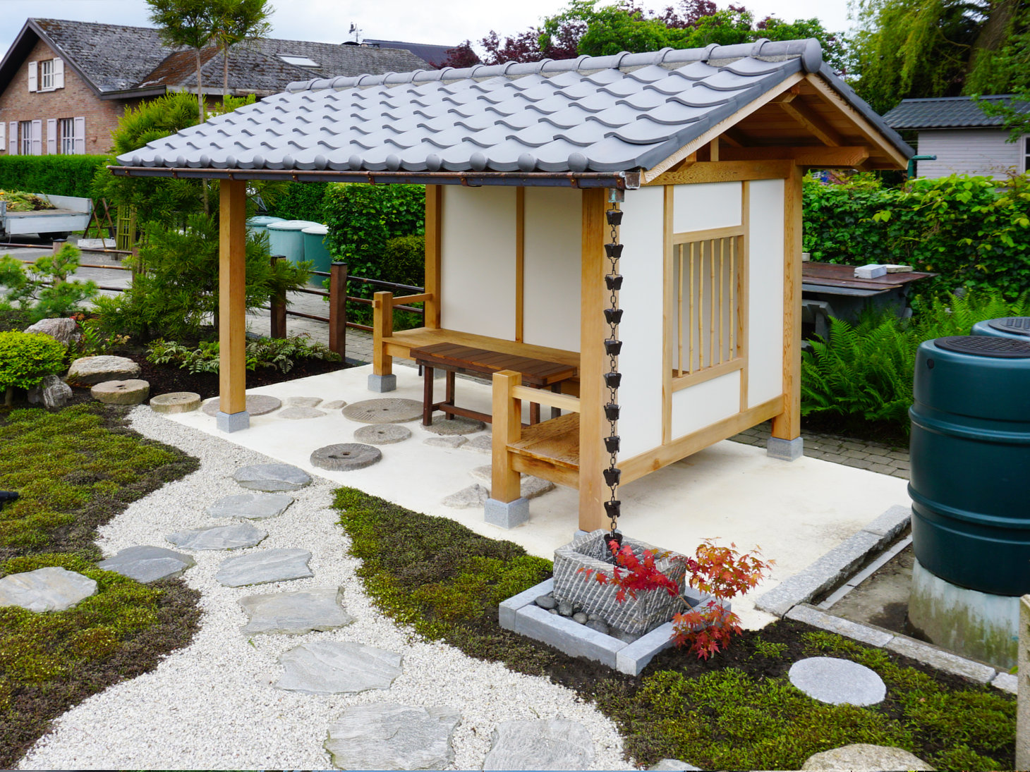 Traditional Koshikake Machiai in a Japanese strolling garden