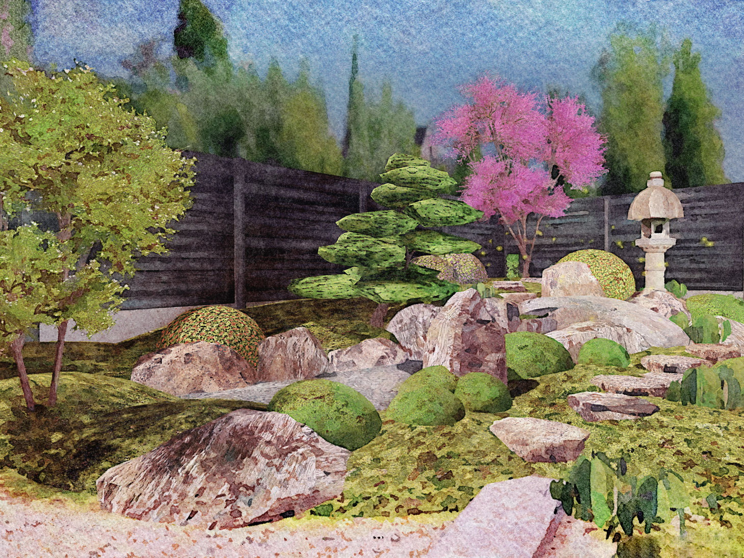 Japanese strolling garden design with a pond, niwaki, stone lantern, and arched bridge