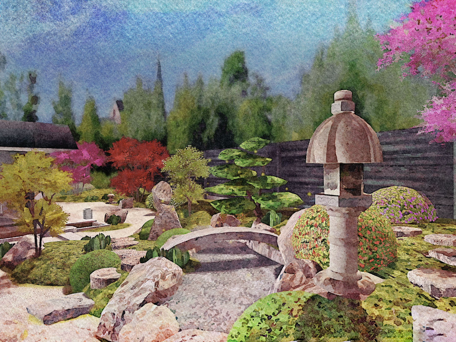 a Japanese lantern and stone bridge inside a Japanese garden design