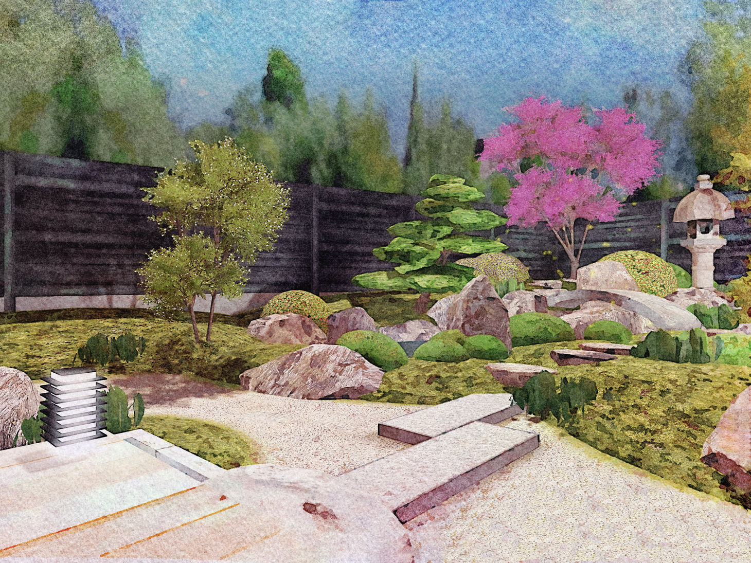 Japanese garden design with gravel and green