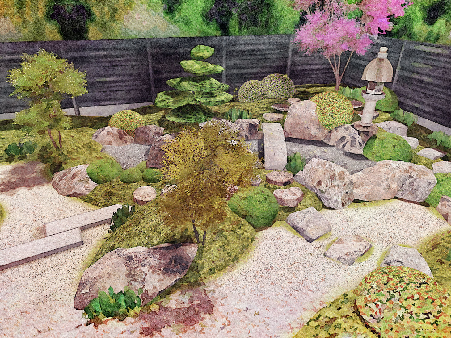 A Japanese landscape design with a pond and stone bridge