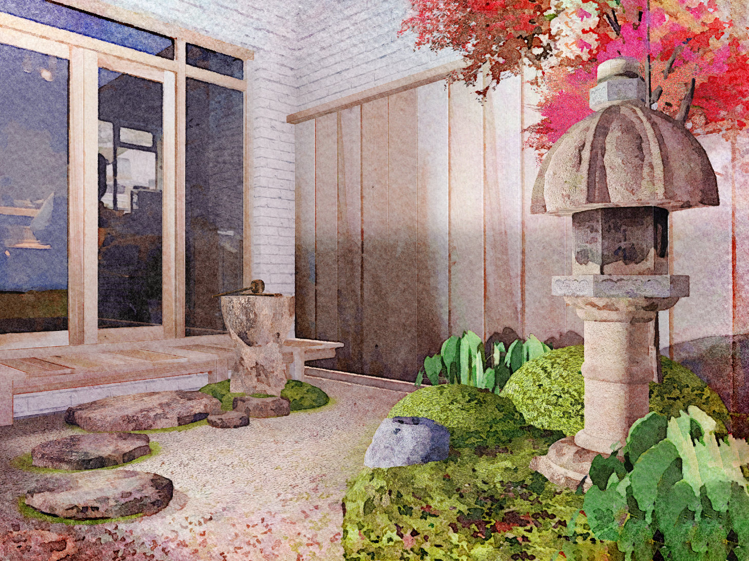 Japanse Tuin ontwerp met een stenen lantaarn voor een michelin restaurant