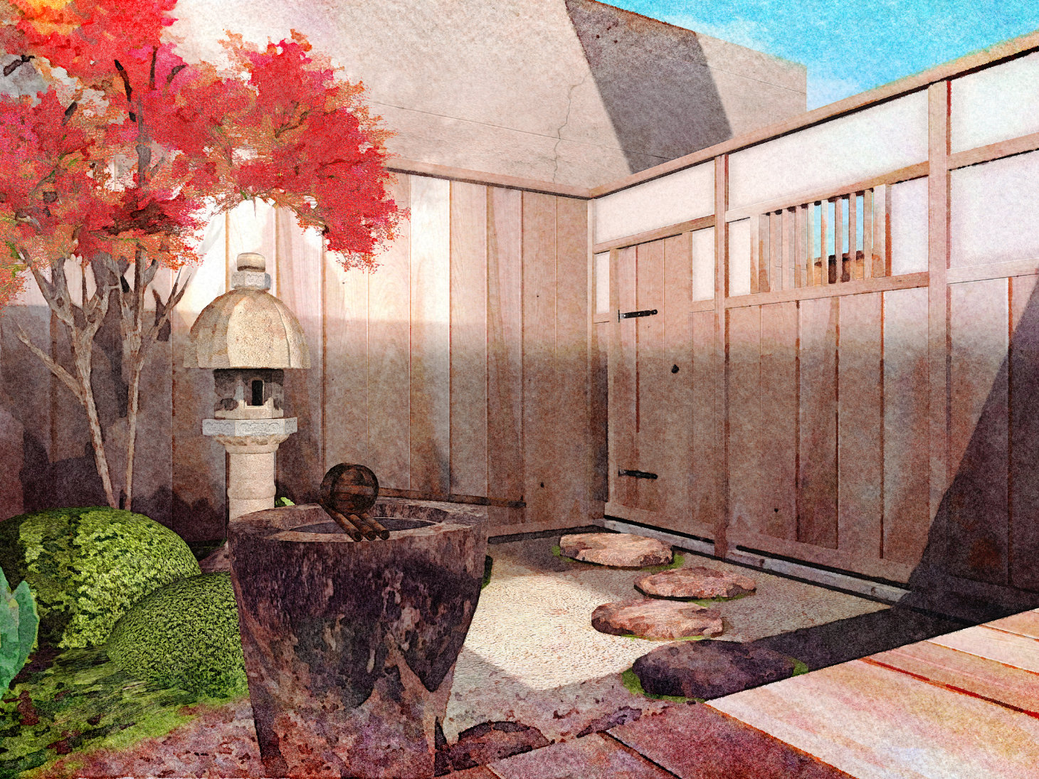 Japanse Tuin ontworpen voor een michelin restaurant met een Tsukubai waterornament