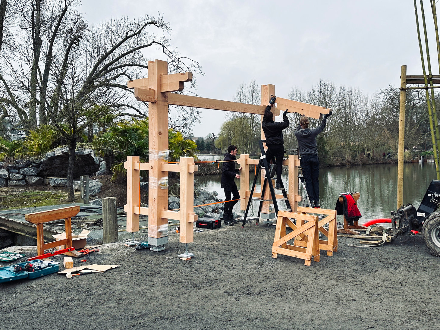 Pairi Daiza Zoo traditional wooden Japanese entrance gate construction inside the park