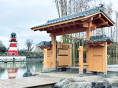 Pairi Daiza Zoo traditional wooden Japanese entrace gate to the park