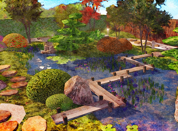 Japanese Garden Design Pond Wooden Bridge